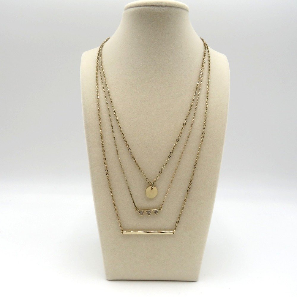 Layered Gold Tone Necklace 15" Bar Disc Triangle Pendant Women Fashion Jewelry